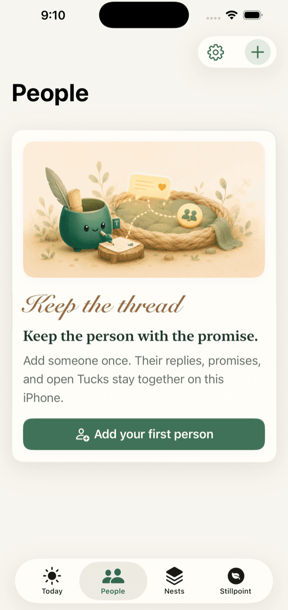 TuckBack People screen — promises, replies and open Tucks gathered around each person, stored on the iPhone