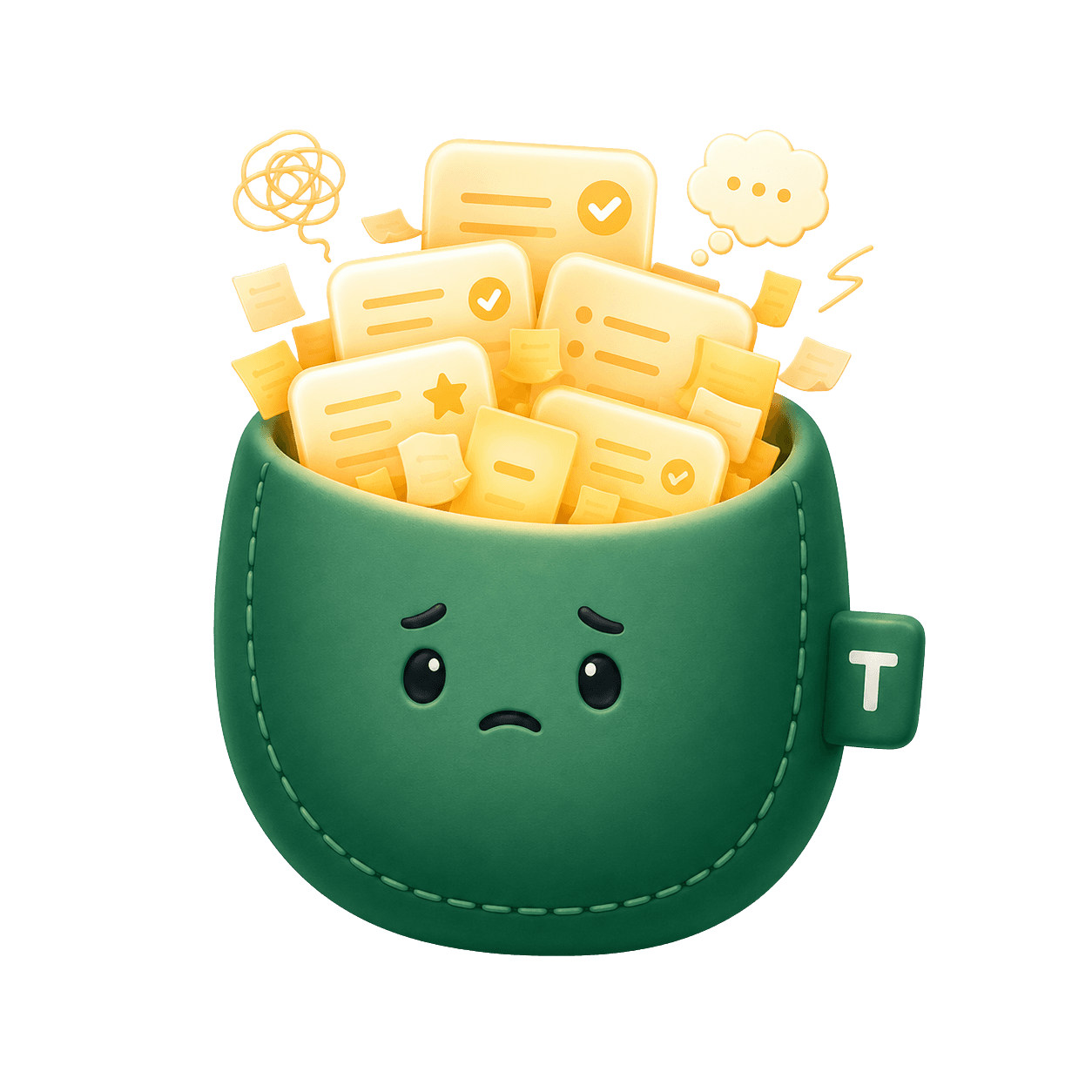 Tuck the pocket mascot overflowing with notes, a little overwhelmed
